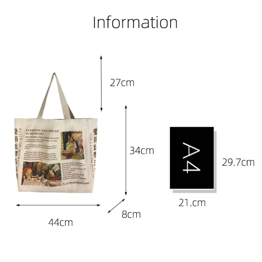 Women'S Canvas Shoulder Bag Alice in Wonderland Shopping Bags Students Book Bag Cotton Cloth Handbags Tote Bags for Girls Bolsos