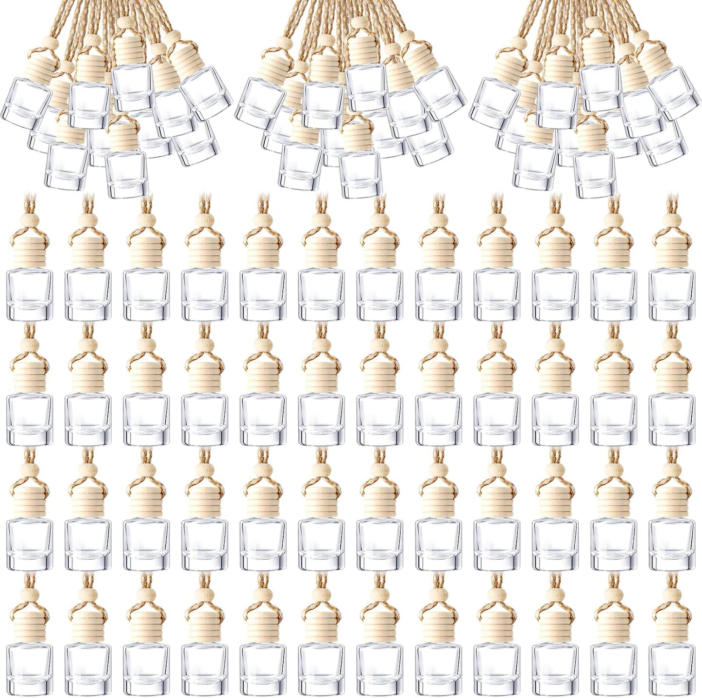 200 Pcs Hanging Car Diffuser Bottles Bulk, Empty Clear Glass Air Freshener Bottles with Wooden Cap for Perfume Essential Oils Fragrance Aromatherapy Ornament(Cylinder)