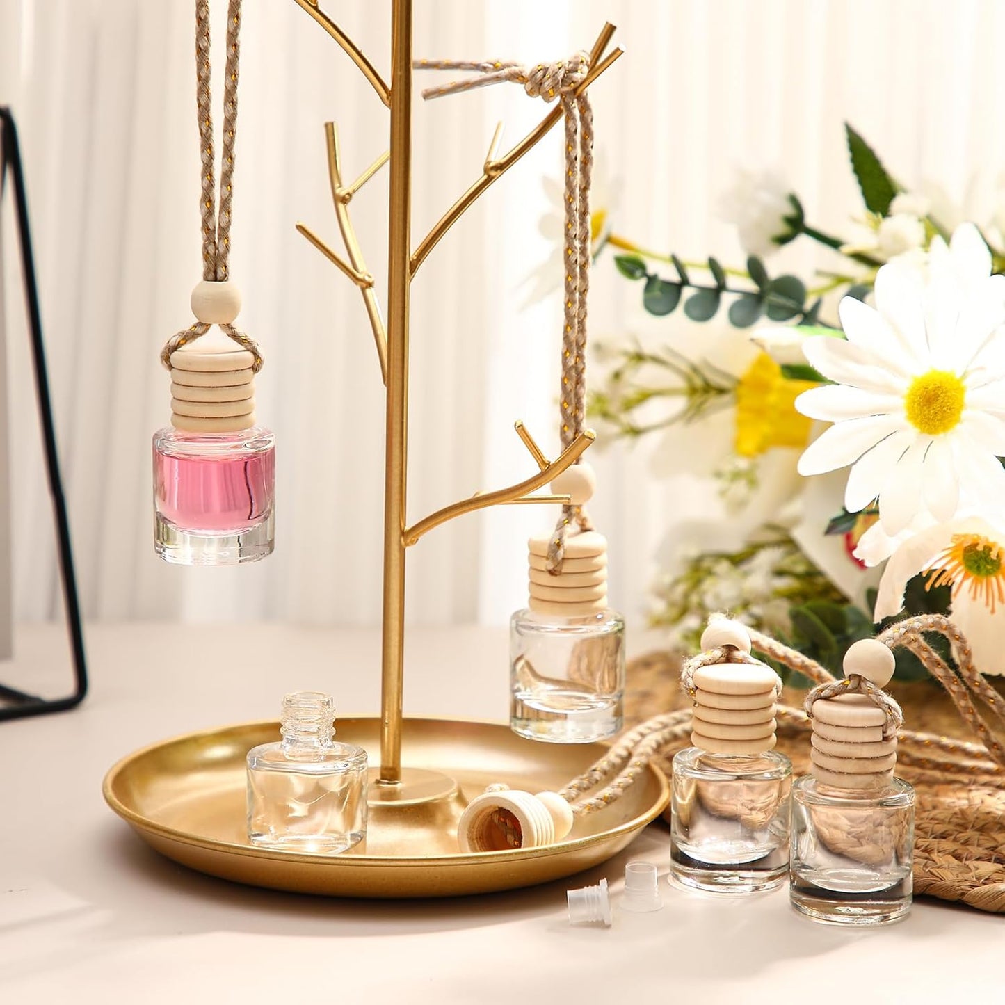 200 Pcs Hanging Car Diffuser Bottles Bulk, Empty Clear Glass Air Freshener Bottles with Wooden Cap for Perfume Essential Oils Fragrance Aromatherapy Ornament(Cylinder)