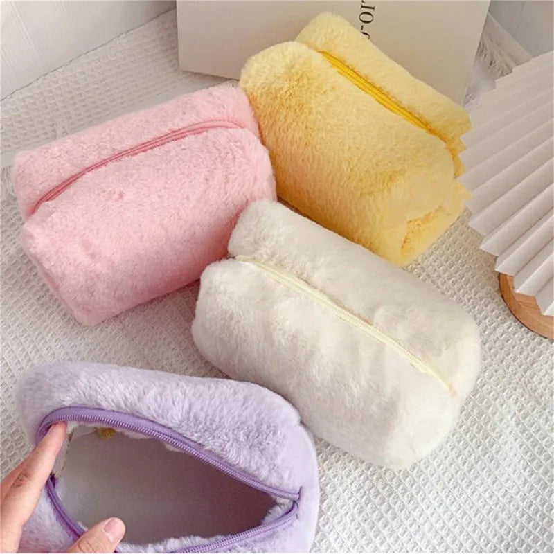 Fur Makeup Bags for Women Soft Travel Cosmetic Bag Organizer Case Young Lady Girls Make up Case Necessaries 1 Pc Solid Handbags