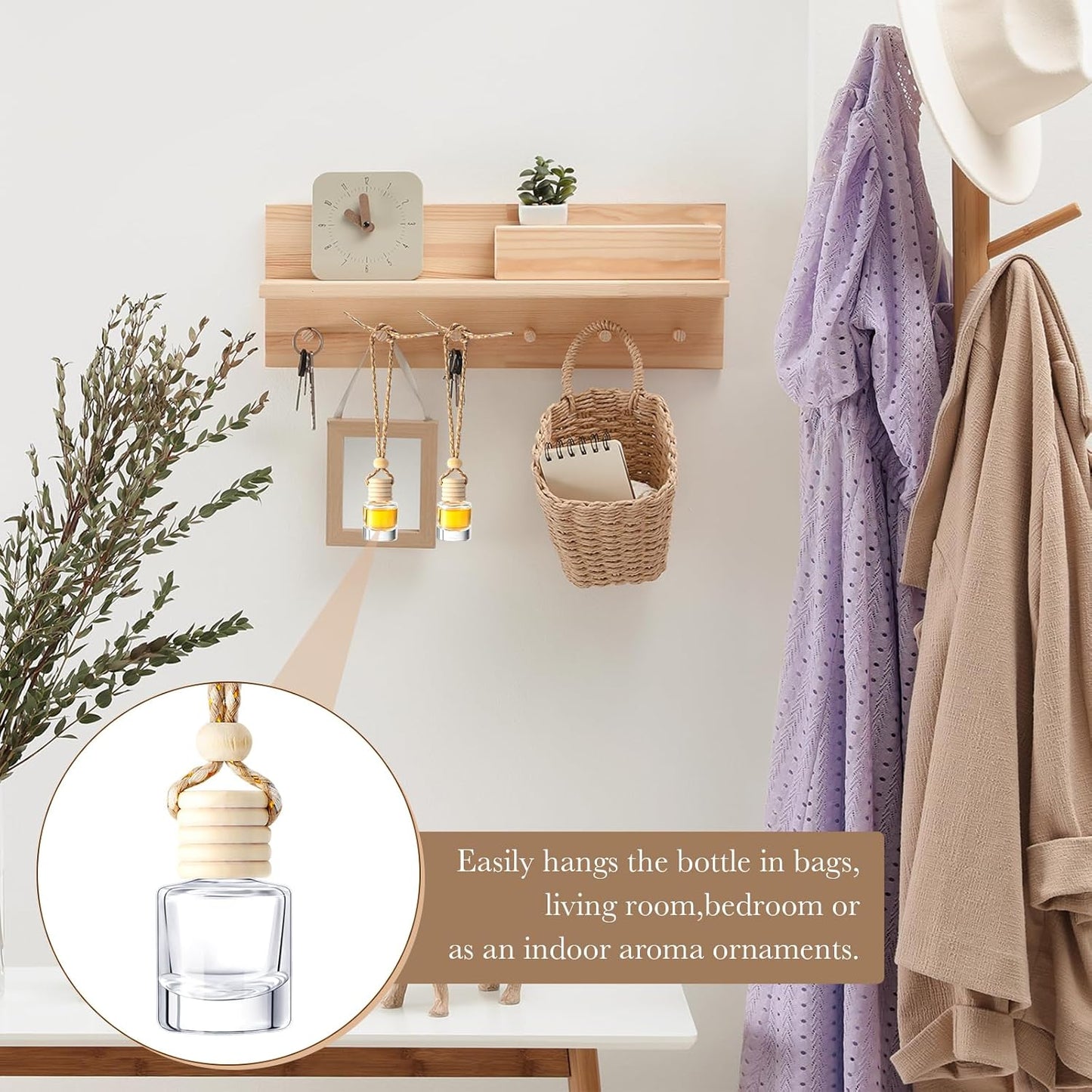200 Pcs Hanging Car Diffuser Bottles Bulk, Empty Clear Glass Air Freshener Bottles with Wooden Cap for Perfume Essential Oils Fragrance Aromatherapy Ornament(Cylinder)