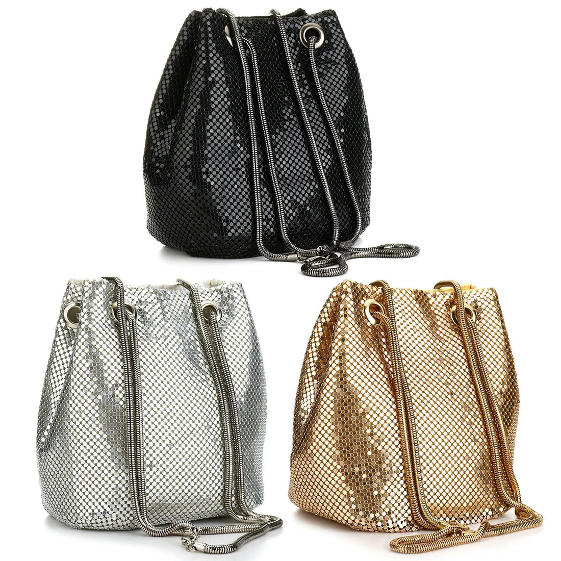 Fashion Women Bucket Shoulder Bag with Sequin Crossbody Bag Evening Party Sliver Gold Purse Girl Handbags Female Clutches Bolsos