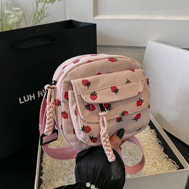 Strawberry Shoulder Bag Corduroy Crossbody Bags Trendy Handbags Messenger Designer Luxury Bag for Women Travel Bolsos De Mujer