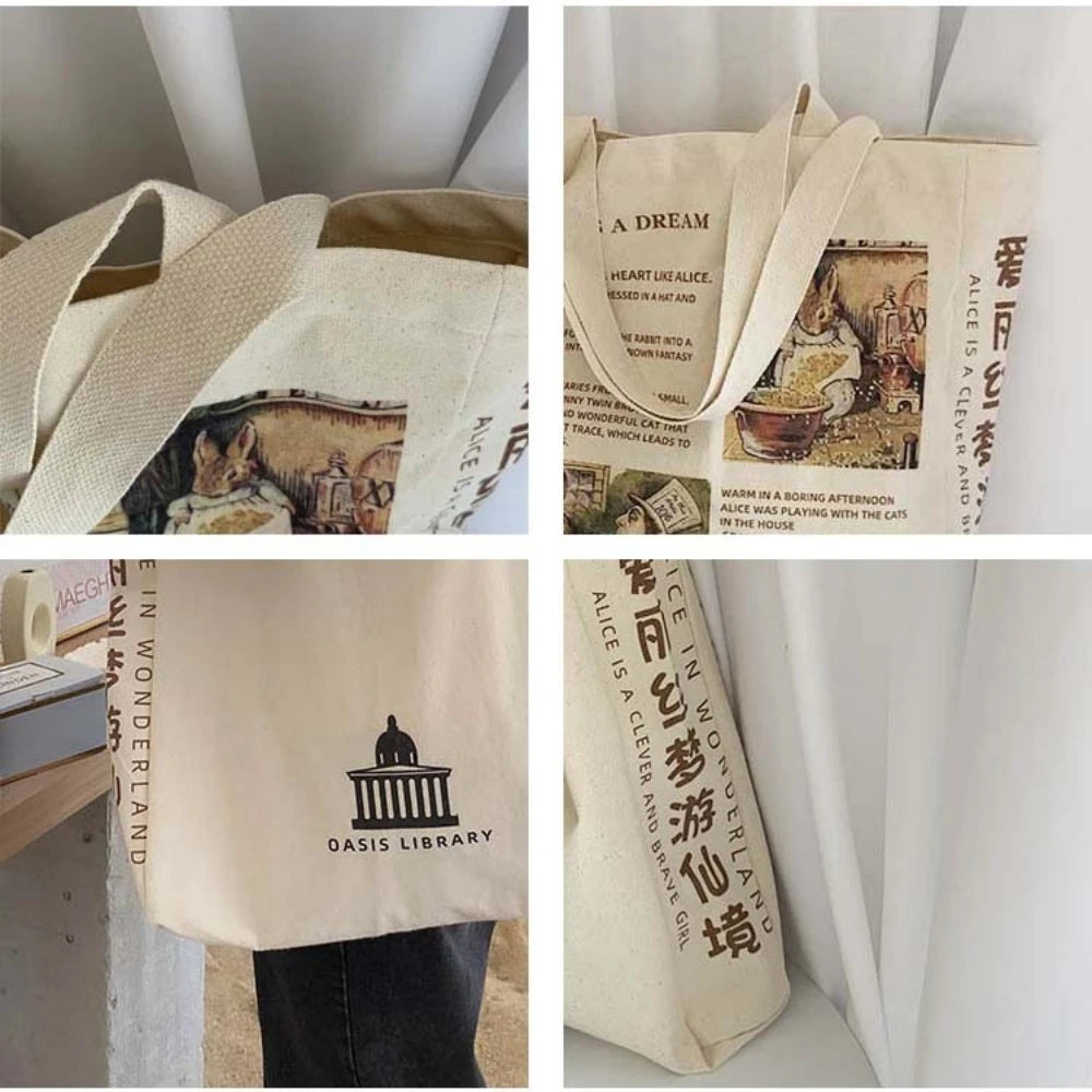 Women'S Canvas Shoulder Bag Alice in Wonderland Shopping Bags Students Book Bag Cotton Cloth Handbags Tote Bags for Girls Bolsos