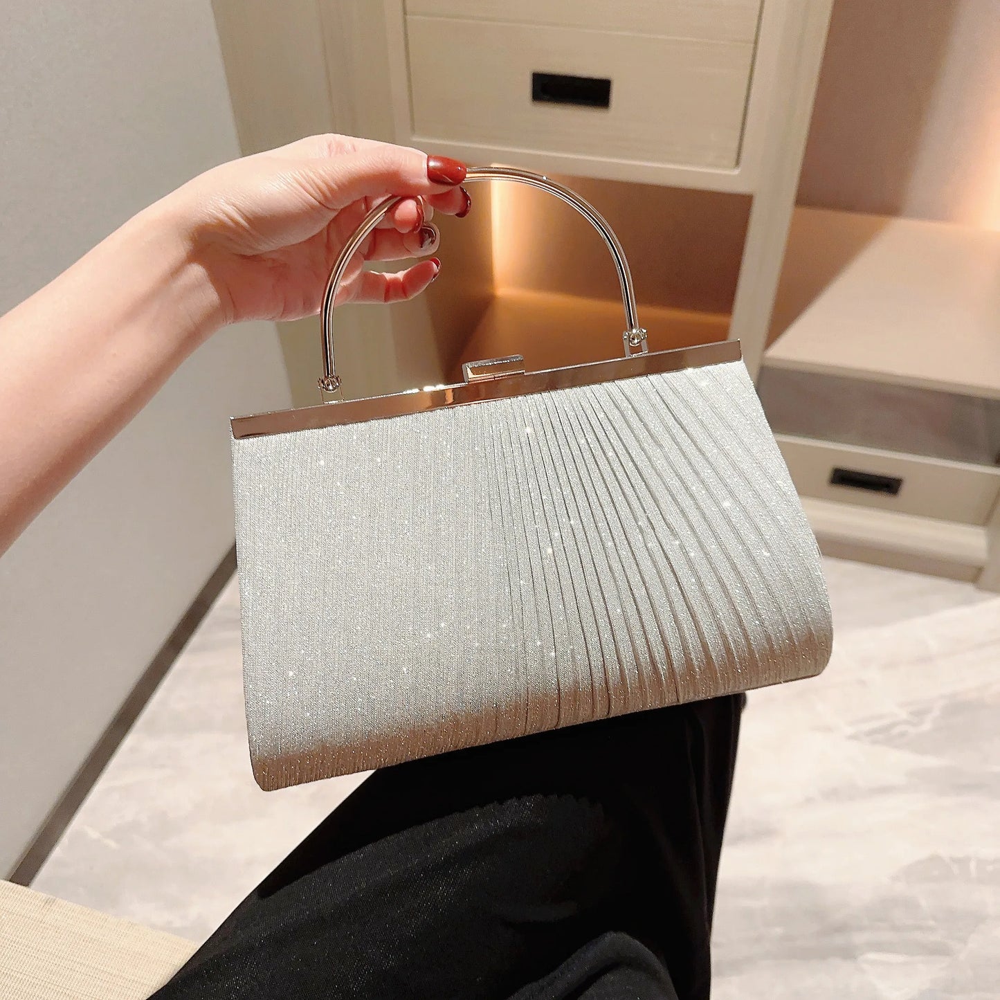 Women'S Classic Pleated Evening Bag Handbag Sparkling Party Bag Evening Bag Dress Bag Prom Handbag Chain Bag