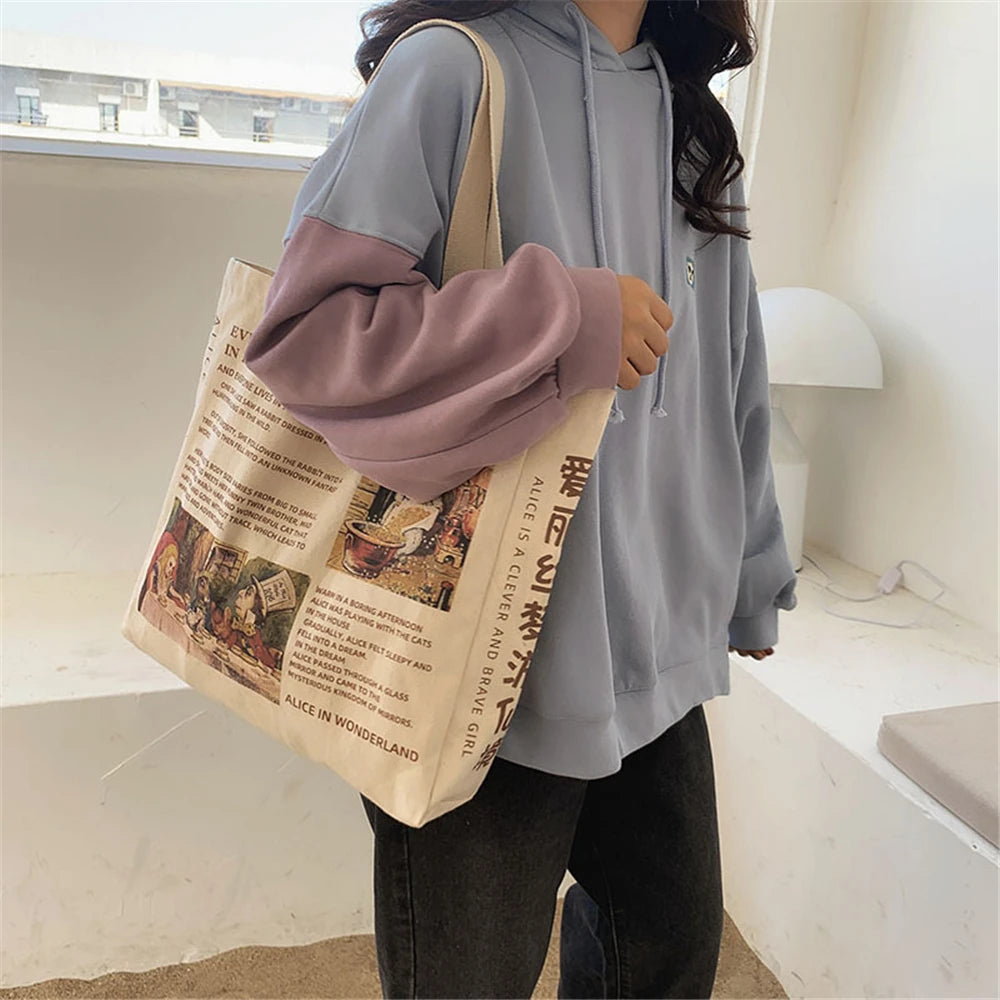 Women'S Canvas Shoulder Bag Alice in Wonderland Shopping Bags Students Book Bag Cotton Cloth Handbags Tote Bags for Girls Bolsos