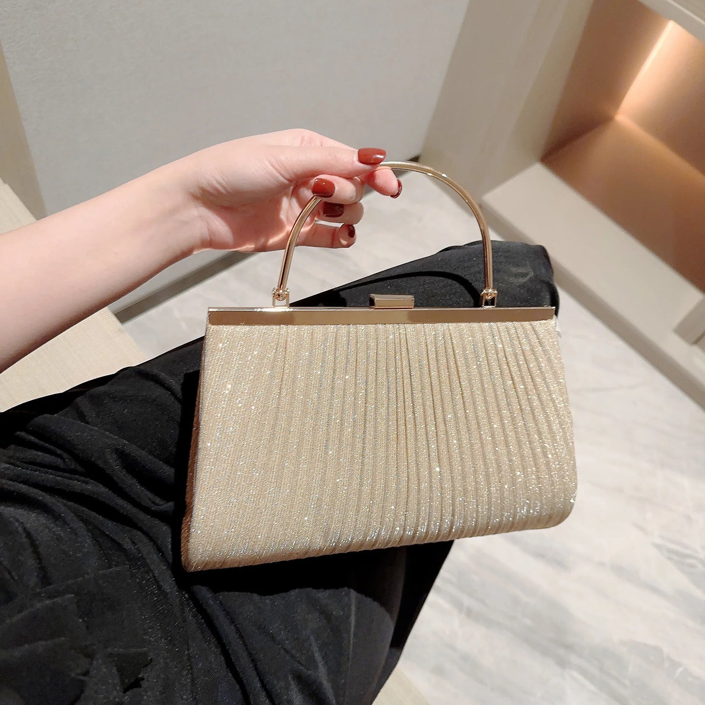 Women'S Classic Pleated Evening Bag Handbag Sparkling Party Bag Evening Bag Dress Bag Prom Handbag Chain Bag