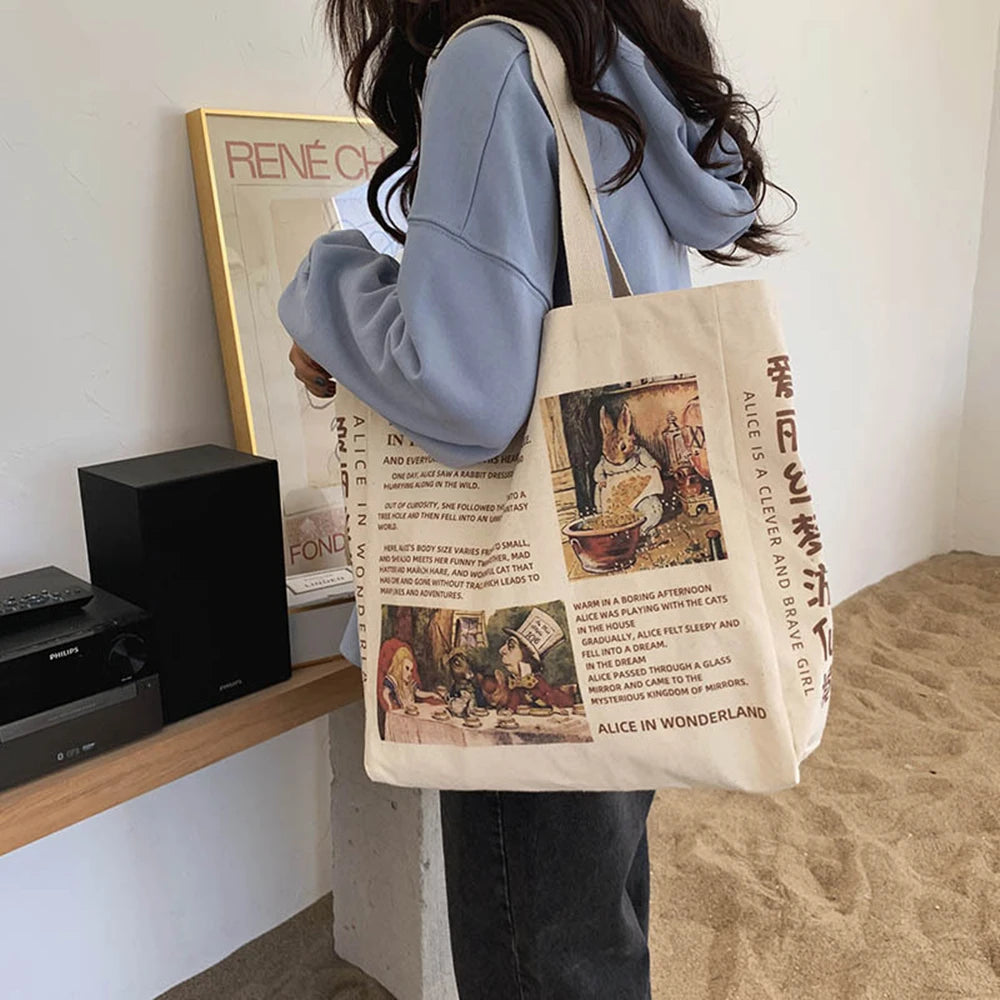 Women'S Canvas Shoulder Bag Alice in Wonderland Shopping Bags Students Book Bag Cotton Cloth Handbags Tote Bags for Girls Bolsos