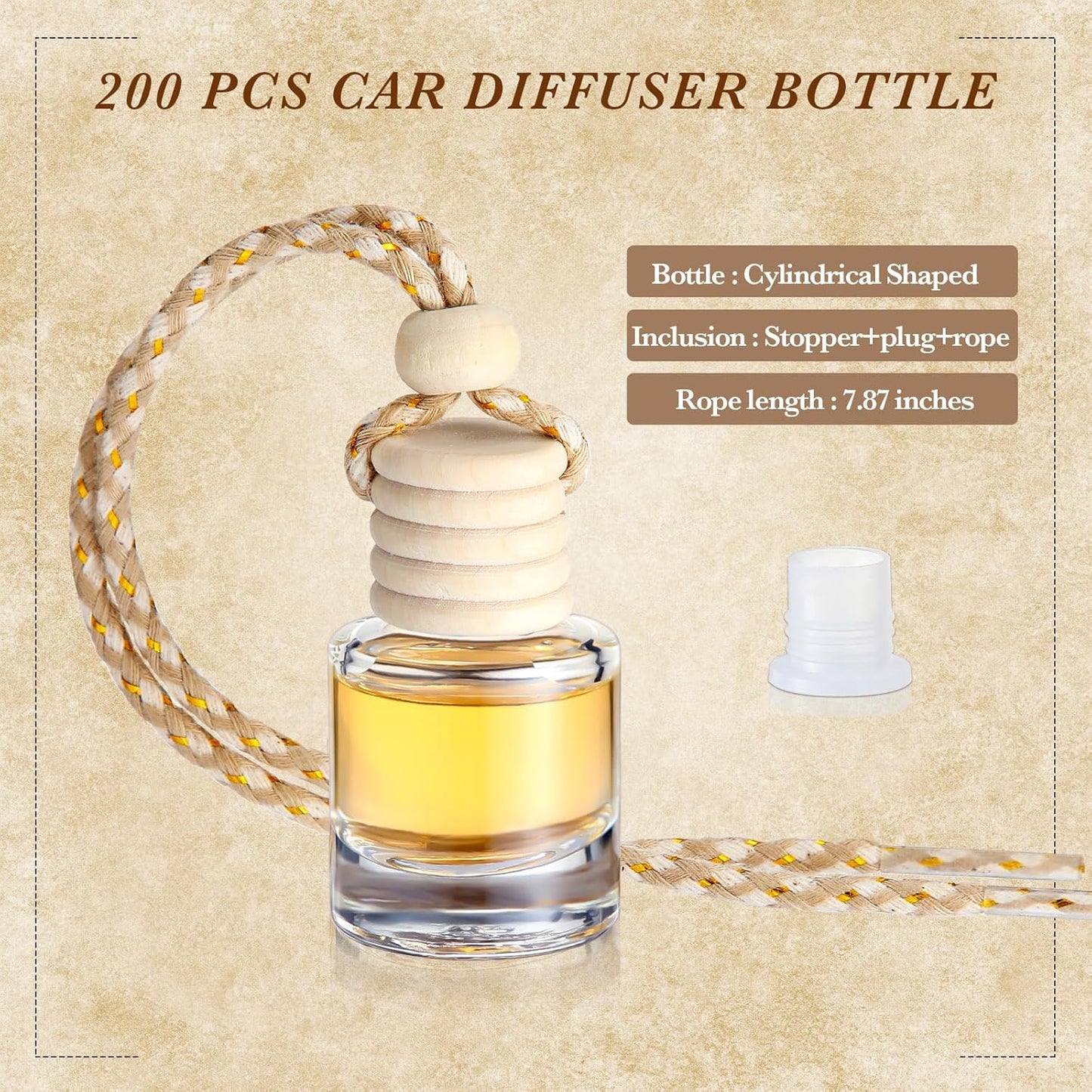 200 Pcs Hanging Car Diffuser Bottles Bulk, Empty Clear Glass Air Freshener Bottles with Wooden Cap for Perfume Essential Oils Fragrance Aromatherapy Ornament(Cylinder)
