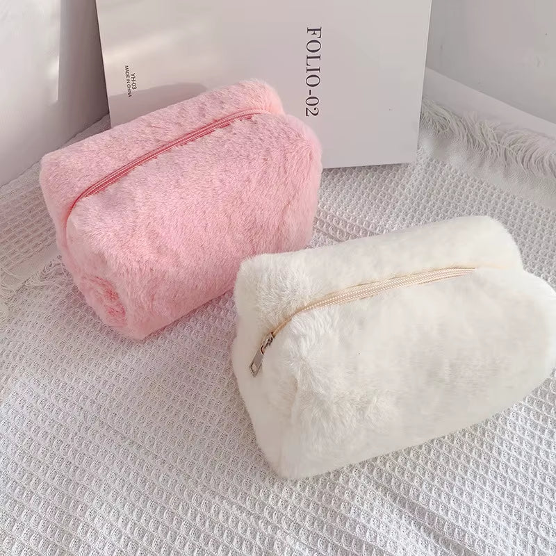 Fur Makeup Bags for Women Soft Travel Cosmetic Bag Organizer Case Young Lady Girls Make up Case Necessaries 1 Pc Solid Handbags