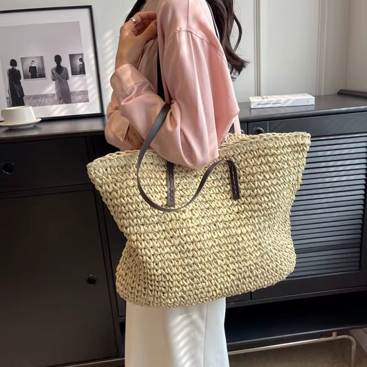Straw Woven Tote Bags Casual Large Luxury Design Capacity Handbag Beach Shoulder Simple Women'S Bag Style Shopping Summer Bolsos