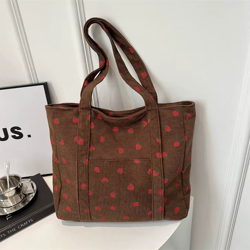 Corduroy Handbag Strawberries Beach Bag Fashionable Versatile Shoulder Bag Largecapacity Simple Commuter Women'S Tote Bag Bolsos