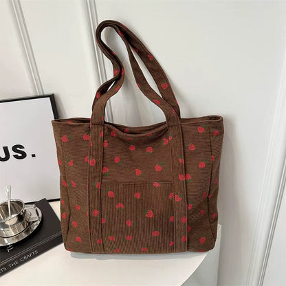 Corduroy Handbag Strawberries Beach Bag Fashionable Versatile Shoulder Bag Largecapacity Simple Commuter Women'S Tote Bag Bolsos