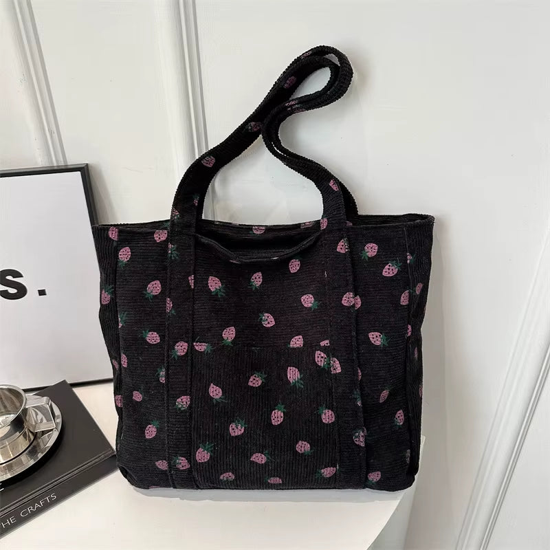 Corduroy Handbag Strawberries Beach Bag Fashionable Versatile Shoulder Bag Largecapacity Simple Commuter Women'S Tote Bag Bolsos