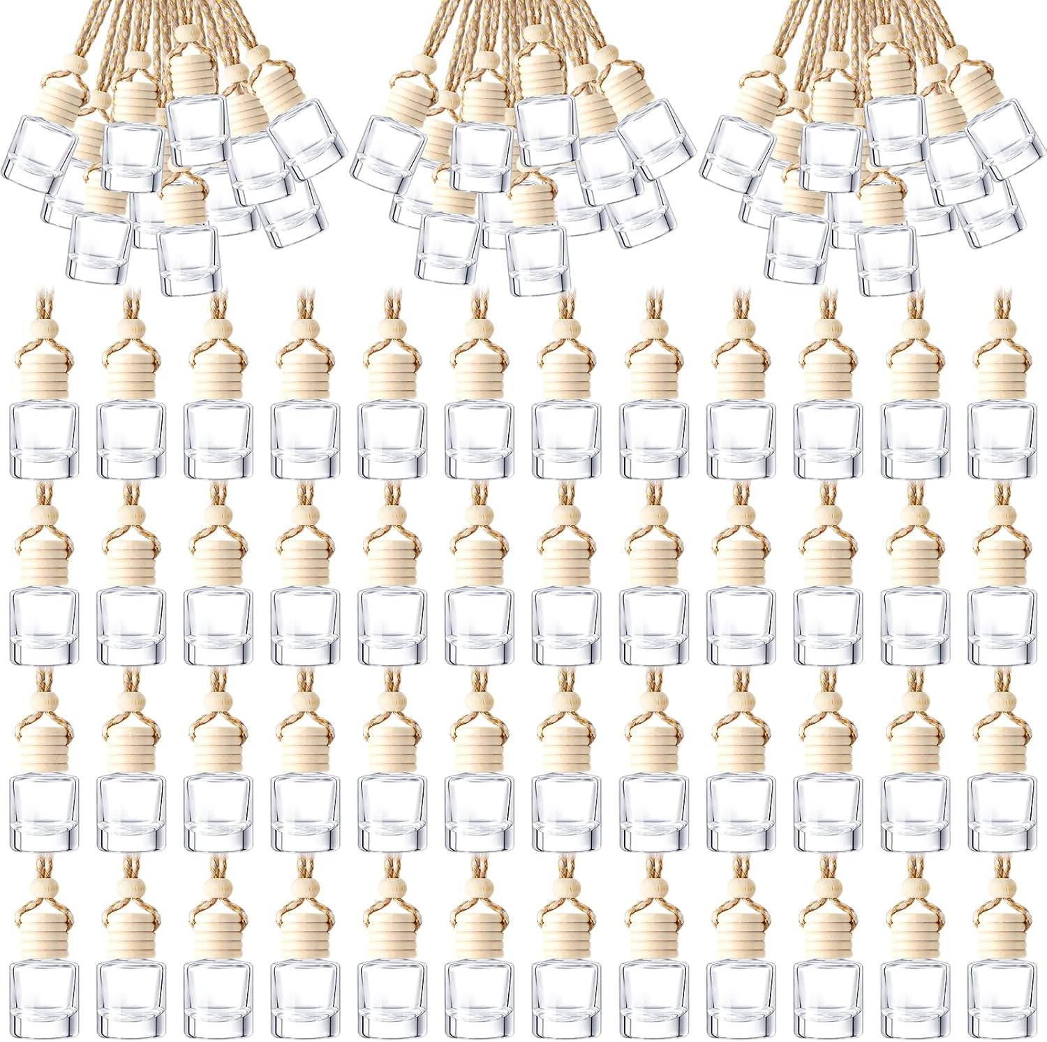 200 Pcs Hanging Car Diffuser Bottles Bulk, Empty Clear Glass Air Freshener Bottles with Wooden Cap for Perfume Essential Oils Fragrance Aromatherapy Ornament(Cylinder)
