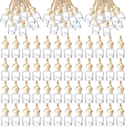 200 Pcs Hanging Car Diffuser Bottles Bulk, Empty Clear Glass Air Freshener Bottles with Wooden Cap for Perfume Essential Oils Fragrance Aromatherapy Ornament(Cylinder)