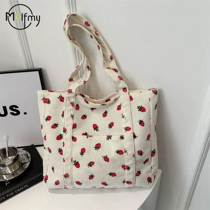 Corduroy Handbag Strawberries Beach Bag Fashionable Versatile Shoulder Bag Largecapacity Simple Commuter Women'S Tote Bag Bolsos