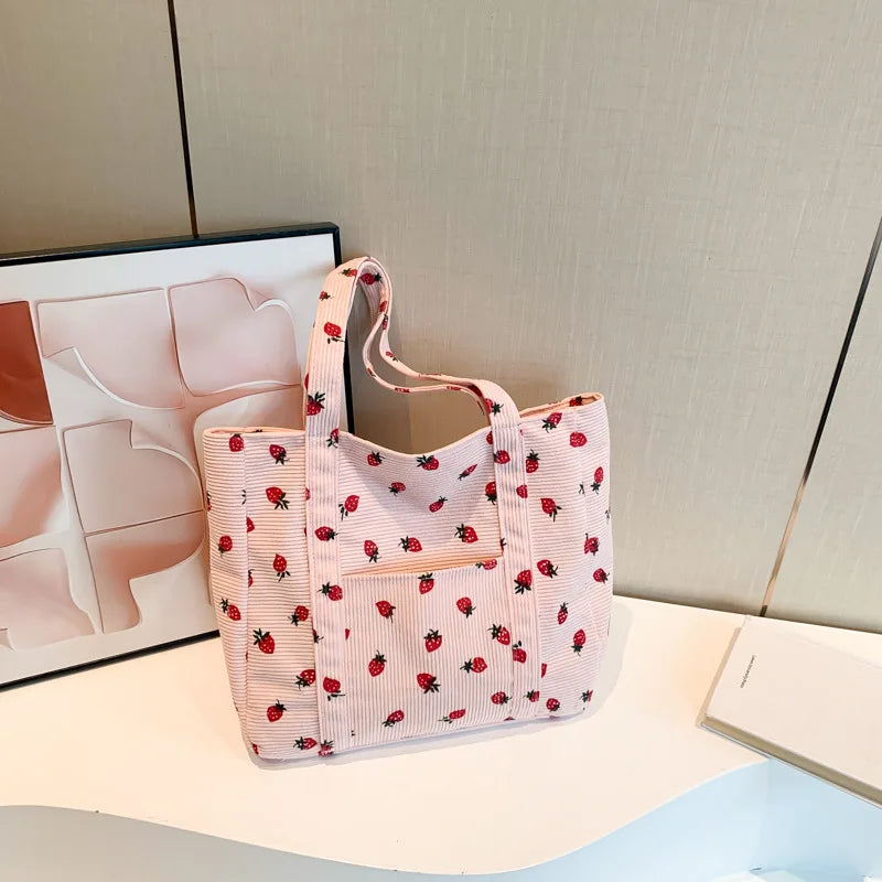 Corduroy Handbag Strawberries Beach Bag Fashionable Versatile Shoulder Bag Largecapacity Simple Commuter Women'S Tote Bag Bolsos