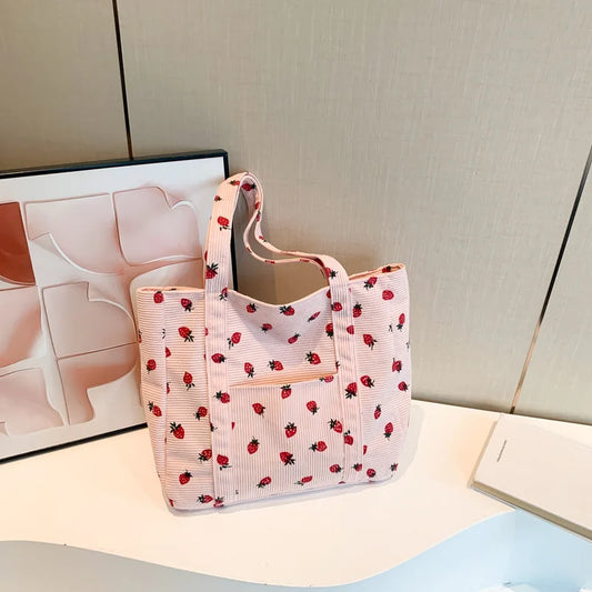 Corduroy Handbag Strawberries Beach Bag Fashionable Versatile Shoulder Bag Largecapacity Simple Commuter Women'S Tote Bag Bolsos