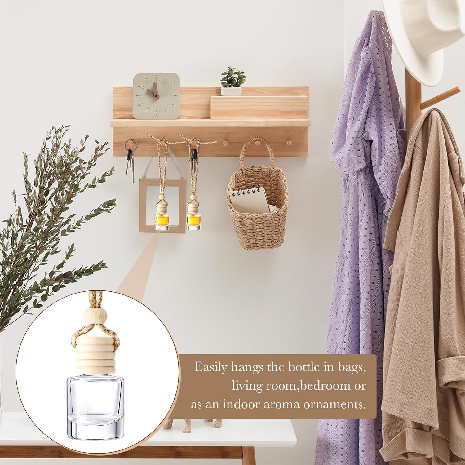 200 Pcs Hanging Car Diffuser Bottles Bulk, Empty Clear Glass Air Freshener Bottles with Wooden Cap for Perfume Essential Oils Fragrance Aromatherapy Ornament(Cylinder)