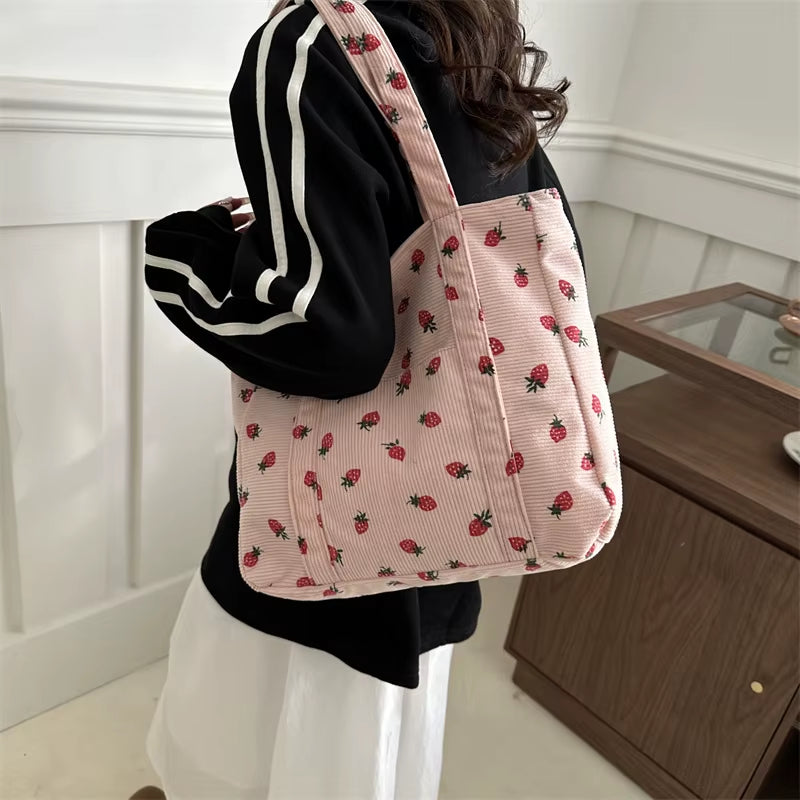 Corduroy Handbag Strawberries Beach Bag Fashionable Versatile Shoulder Bag Largecapacity Simple Commuter Women'S Tote Bag Bolsos