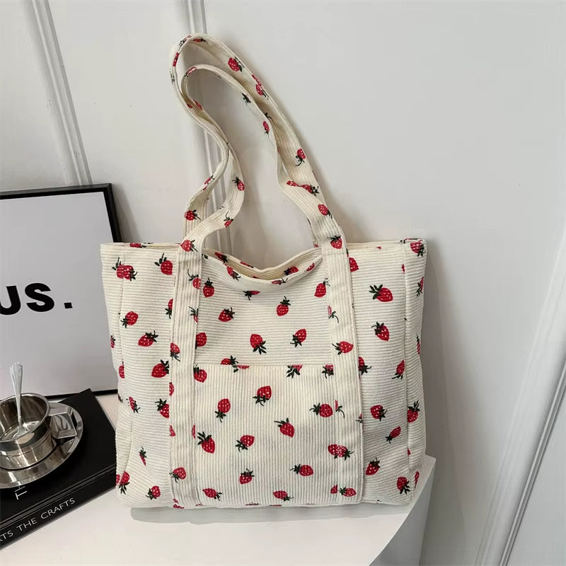 Corduroy Handbag Strawberries Beach Bag Fashionable Versatile Shoulder Bag Largecapacity Simple Commuter Women'S Tote Bag Bolsos