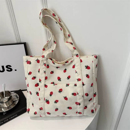 Corduroy Handbag Strawberries Beach Bag Fashionable Versatile Shoulder Bag Largecapacity Simple Commuter Women'S Tote Bag Bolsos