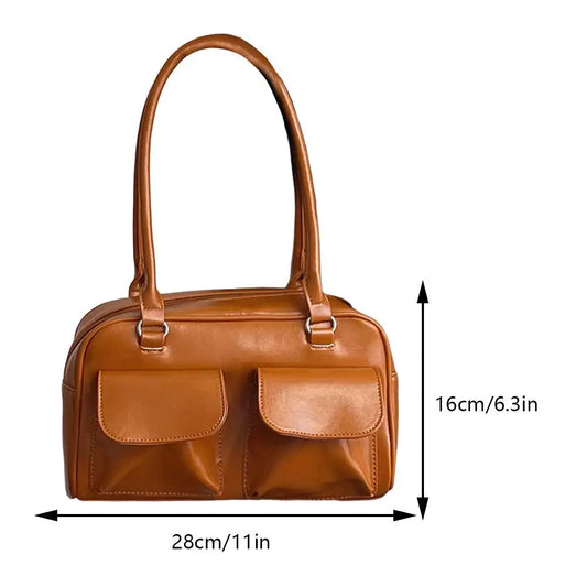 Retro Underarm Bag Double Pocket PU Leather Shopping Bag Fashion Solid Designer Armpit Bag Casual Zipper Portable Ladies Purses
