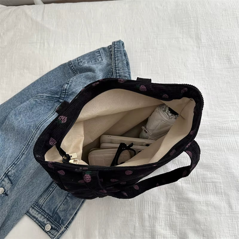 Corduroy Handbag Strawberries Beach Bag Fashionable Versatile Shoulder Bag Largecapacity Simple Commuter Women'S Tote Bag Bolsos