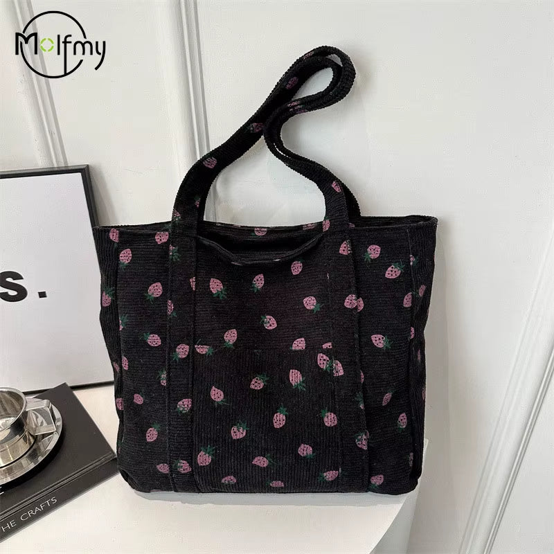 Corduroy Handbag Strawberries Beach Bag Fashionable Versatile Shoulder Bag Largecapacity Simple Commuter Women'S Tote Bag Bolsos