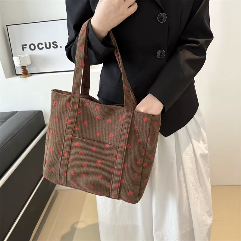 Corduroy Handbag Strawberries Beach Bag Fashionable Versatile Shoulder Bag Largecapacity Simple Commuter Women'S Tote Bag Bolsos